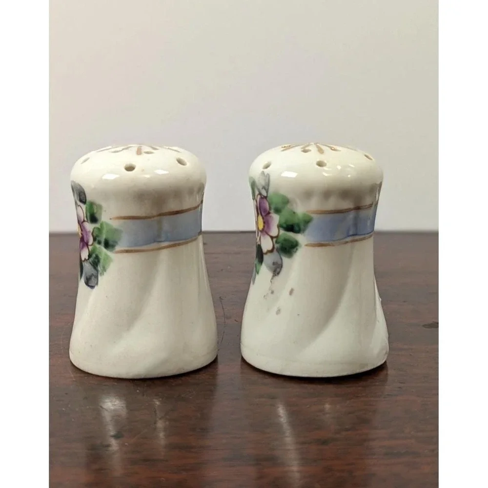 Vintage Hand Painted Japan Floral Porcelain Salt Pepper Shakers Cork Stopper